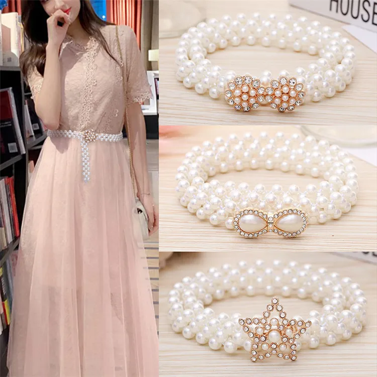 Trendy Pearl Waist Chain Women Fashion Rhinestone Elastic Dress Waistband Ladies Designer Thin Waist Belts Clothing Accessories