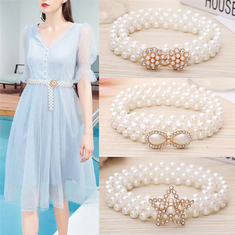 Trendy Pearl Waist Chain Women Fashion Rhinestone Elastic Dress Waistband Ladies Designer Thin Waist Belts Clothing Accessories