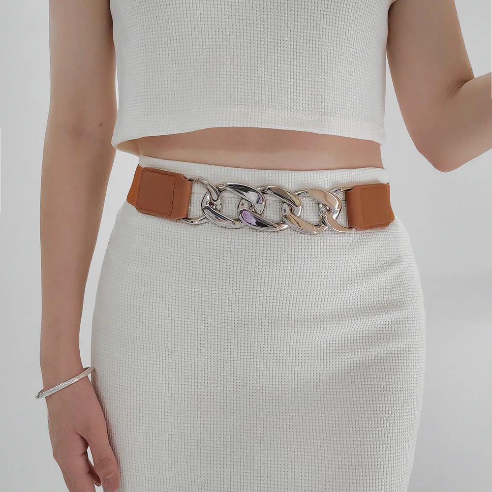 Gold chain belt elastic silver metal waist belts for women ceinture femme stretch cummerbunds ladies coat ketting riem waistband