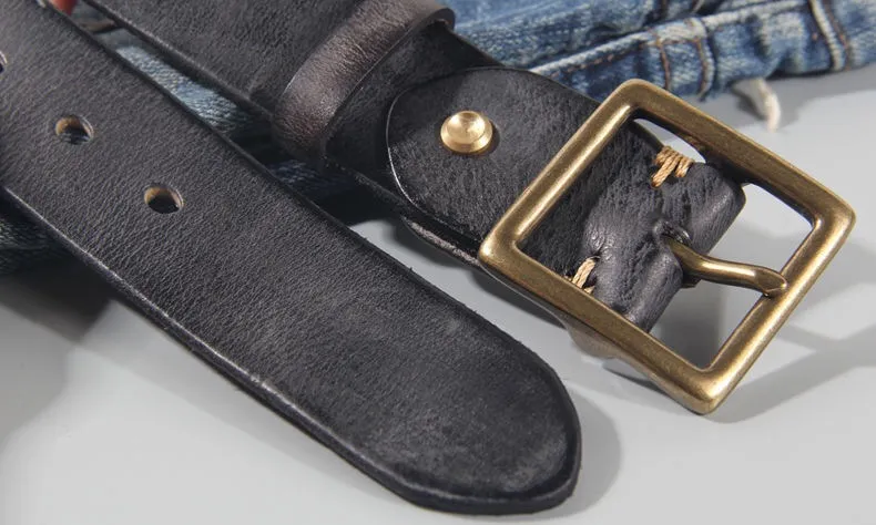 Vintage 100% Cowhide High Quality Retro Non-interlayer Natural Leather Copper Buckle Men's Belt Jeans Casual Pants Belt