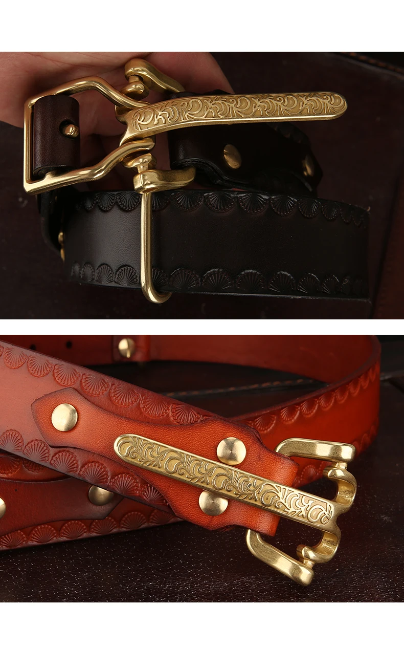 Cavalry Belt Genuine Leather Men's High Quality Belts 3.8cm Pure Handmade Belt Solid Vintage Embossed Brass Belt Buckle