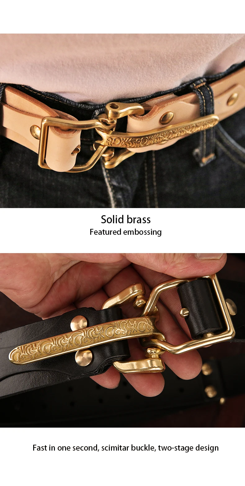 Cavalry Belt Genuine Leather Men's High Quality Belts 3.8cm Pure Handmade Belt Solid Vintage Embossed Brass Belt Buckle