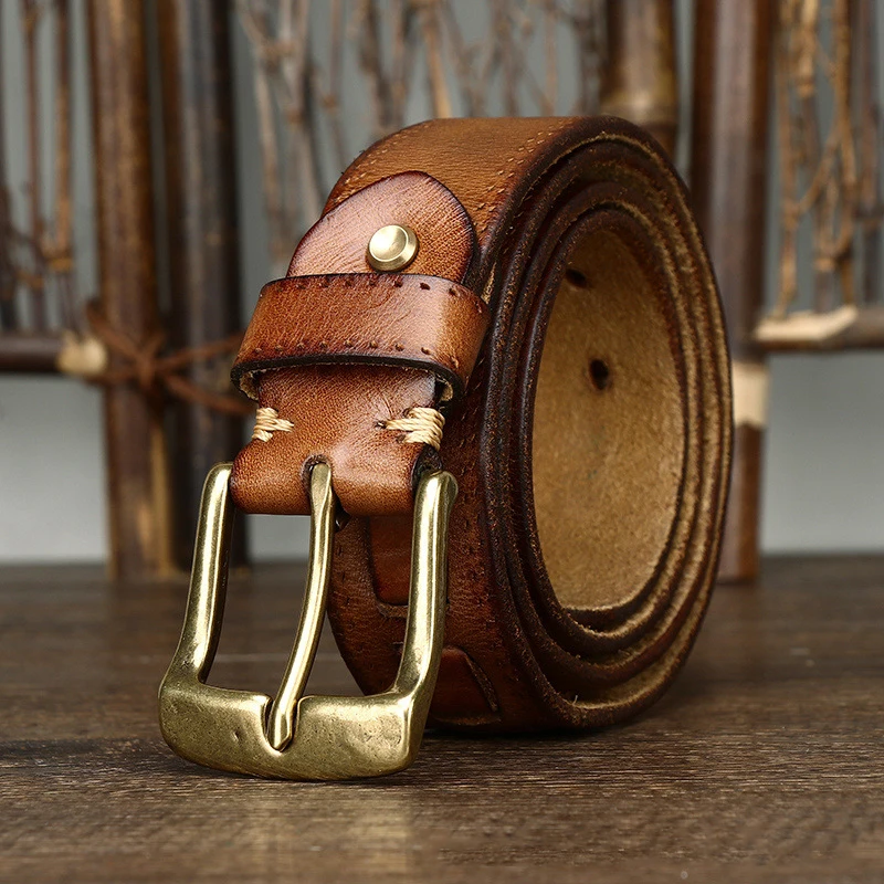 Top Cow Genuine Leather Belts for Men Luxury Designer High Quality Brass Buckle Style Vintage Cowboy Male Belt Waistband Male