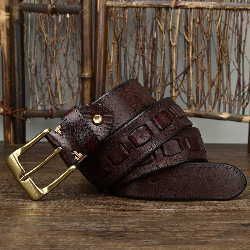 Top Cow Genuine Leather Belts for Men Luxury Designer High Quality Brass Buckle Style Vintage Cowboy Male Belt Waistband Male