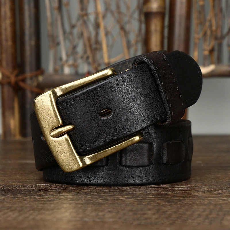 Top Cow Genuine Leather Belts for Men Luxury Designer High Quality Brass Buckle Style Vintage Cowboy Male Belt Waistband Male