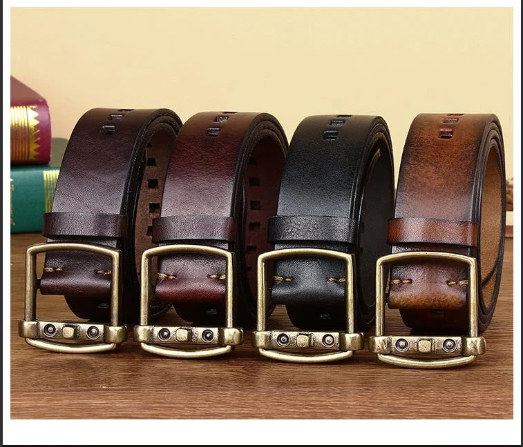 3.8CM Pure Cowhide High Quality Genuine Leather Belts for Men Strap Male Brass Buckle Fancy Vintage Jeans Cowboy Cintos Luxury