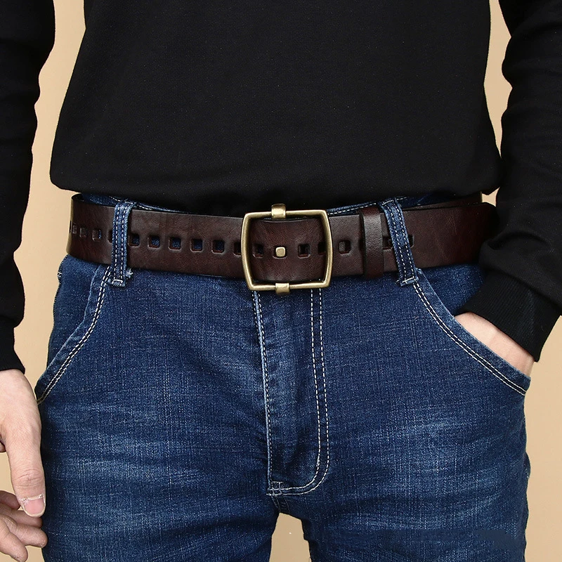 3.8CM Pure Cowhide High Quality Genuine Leather Belts for Men Strap Male Brass Buckle Fancy Vintage Jeans Cowboy Cintos Luxury