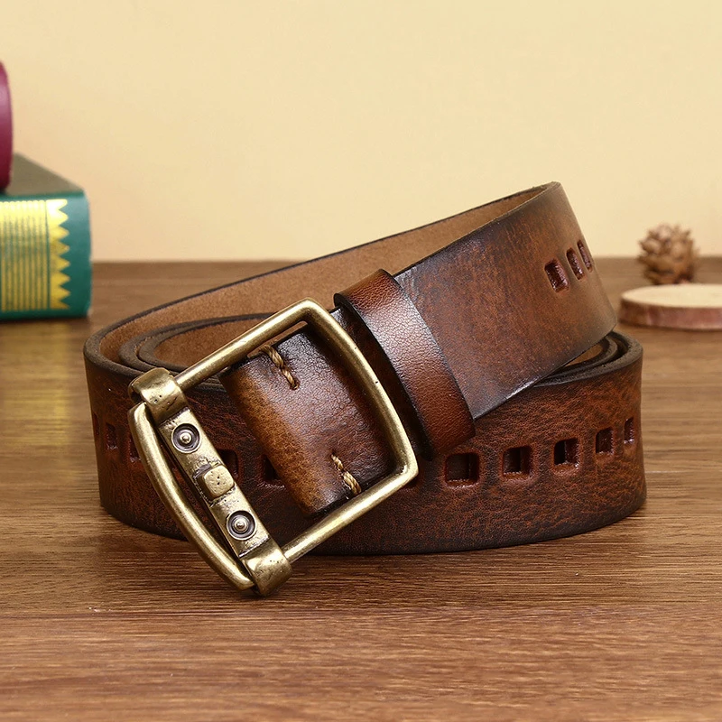 3.8CM Pure Cowhide High Quality Genuine Leather Belts for Men Strap Male Brass Buckle Fancy Vintage Jeans Cowboy Cintos Luxury