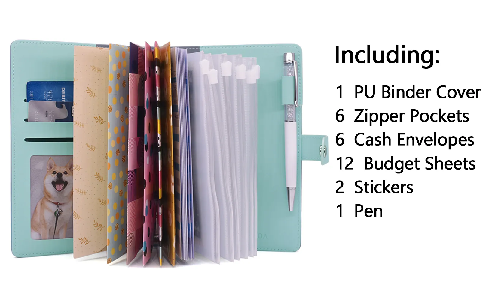 Budget Binder with Zipper Envelopes, Cash Envelopes with Budget Sheets, PVC Pockets, Cash Envelopes, Stickers & Pen
