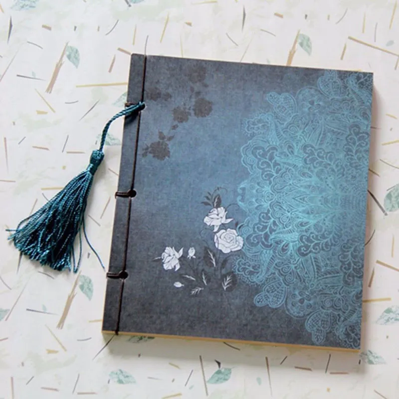 Chinese Style Blue Rose Color Diary Note Book Tassel Stationery Retro Flower Sketchbook Journal Blank Notebook Chinoiserie Art