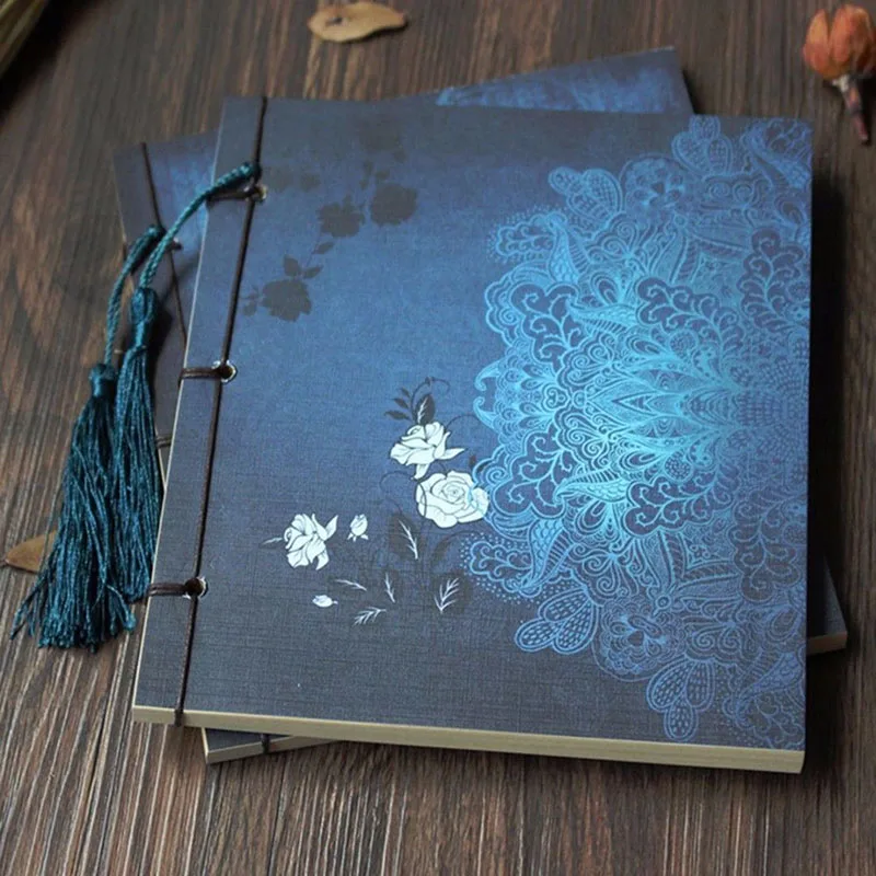 Chinese Style Blue Rose Color Diary Note Book Tassel Stationery Retro Flower Sketchbook Journal Blank Notebook Chinoiserie Art