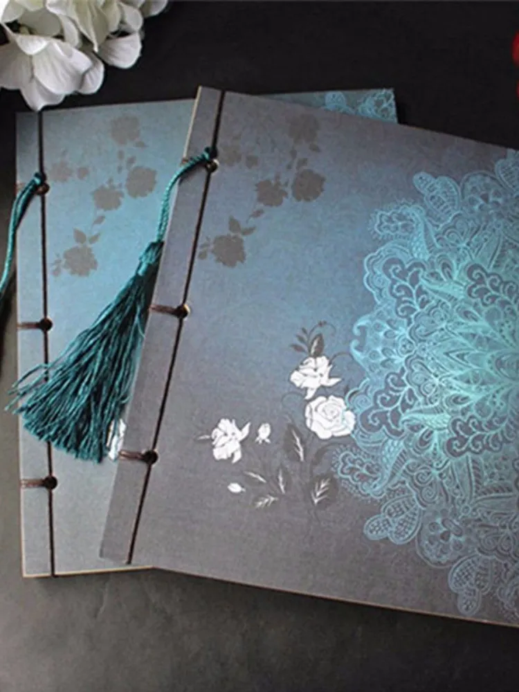 Chinese Style Blue Rose Color Diary Note Book Tassel Stationery Retro Flower Sketchbook Journal Blank Notebook Chinoiserie Art