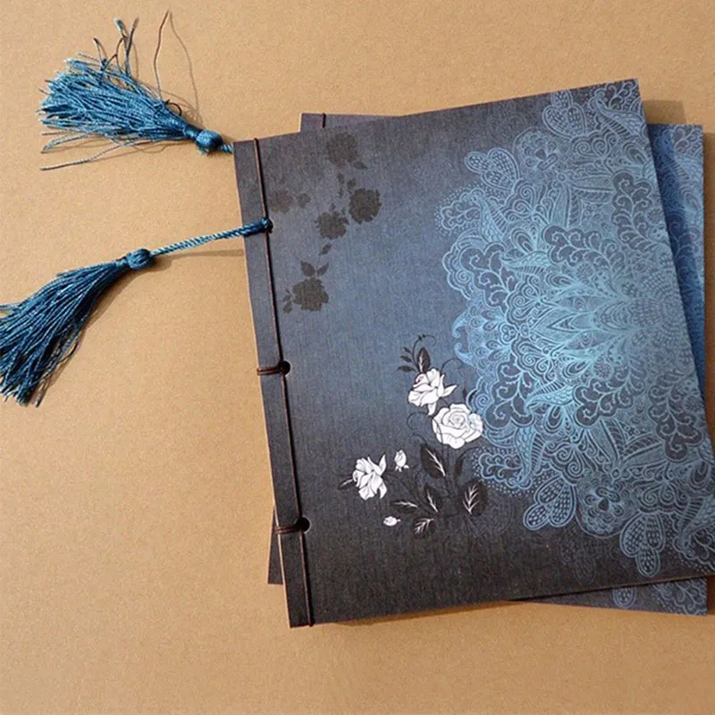 Chinese Style Blue Rose Color Diary Note Book Tassel Stationery Retro Flower Sketchbook Journal Blank Notebook Chinoiserie Art