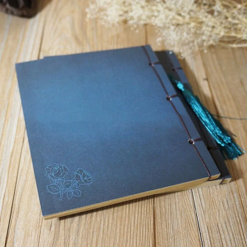 Chinese Style Blue Rose Color Diary Note Book Tassel Stationery Retro Flower Sketchbook Journal Blank Notebook Chinoiserie Art