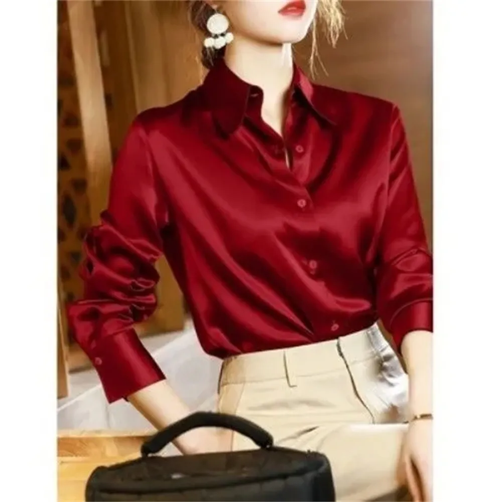 High Quality Shirt Women's Summer Drape Thin Style New Long Sleeved Loose Slim Office Luxury Top Silk Satin Blouse