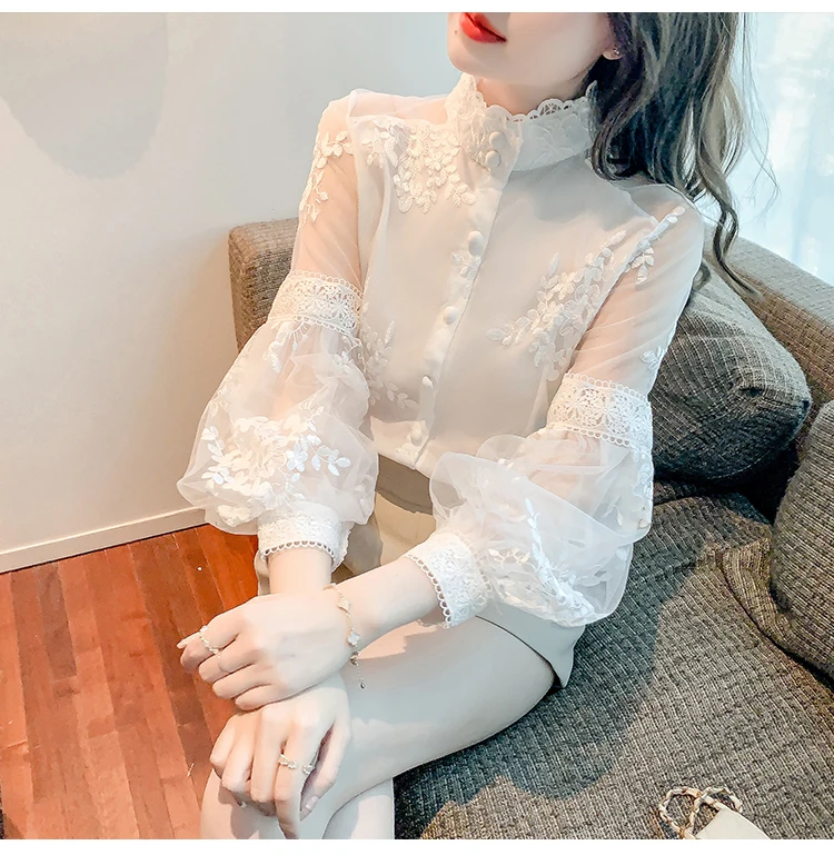 Sweet Lace Mesh Shirts White Blouse Autumn Stand Collar Lantern Sleeve Tops Flowers Embroidery Women's Clothing Elegant 23277