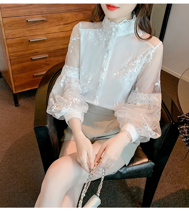 Sweet Lace Mesh Shirts White Blouse Autumn Stand Collar Lantern Sleeve Tops Flowers Embroidery Women's Clothing Elegant 23277