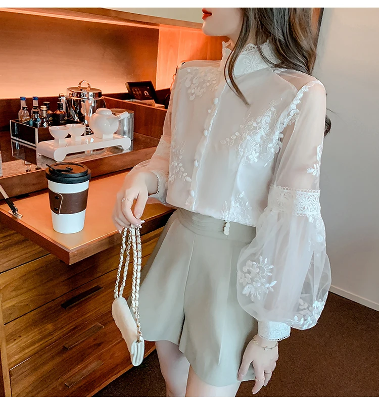 Sweet Lace Mesh Shirts White Blouse Autumn Stand Collar Lantern Sleeve Tops Flowers Embroidery Women's Clothing Elegant 23277