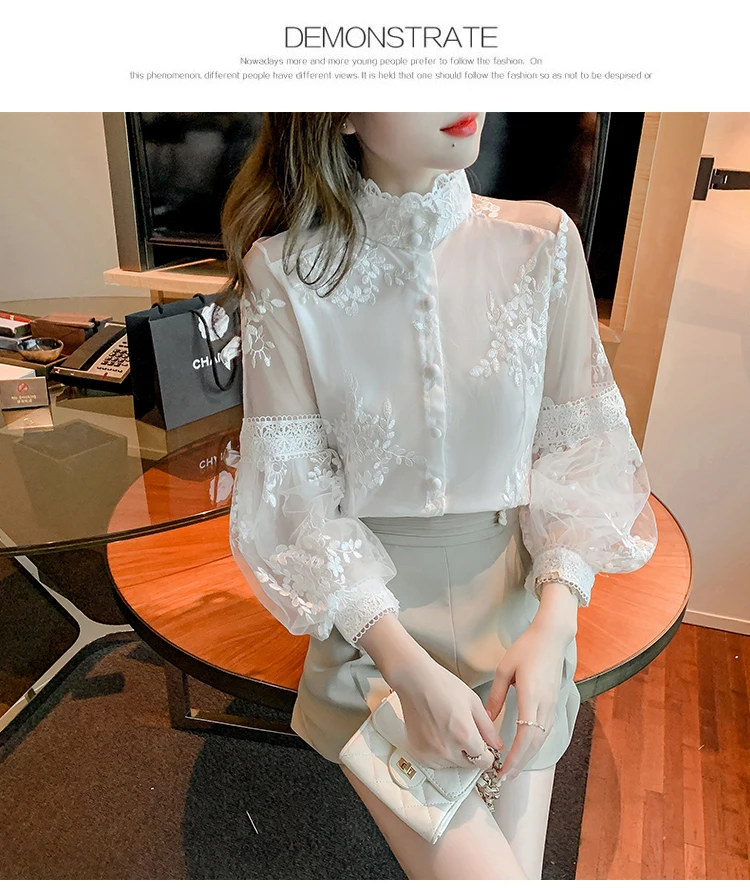 Sweet Lace Mesh Shirts White Blouse Autumn Stand Collar Lantern Sleeve Tops Flowers Embroidery Women's Clothing Elegant 23277