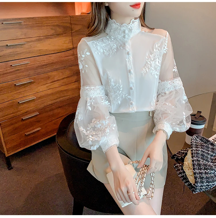 Sweet Lace Mesh Shirts White Blouse Autumn Stand Collar Lantern Sleeve Tops Flowers Embroidery Women's Clothing Elegant 23277