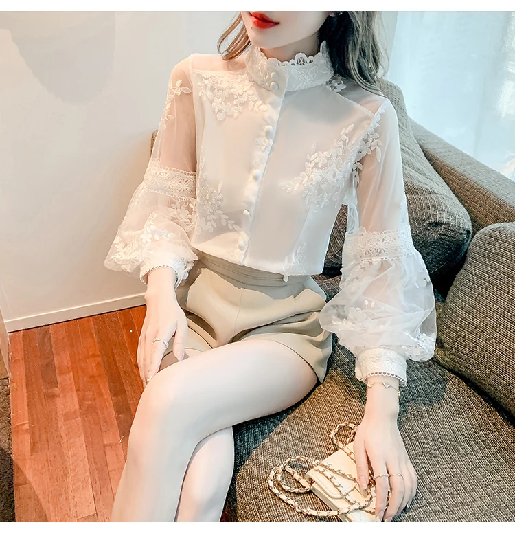 Sweet Lace Mesh Shirts White Blouse Autumn Stand Collar Lantern Sleeve Tops Flowers Embroidery Women's Clothing Elegant 23277