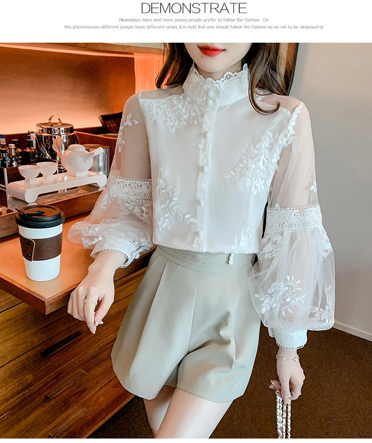 Sweet Lace Mesh Shirts White Blouse Autumn Stand Collar Lantern Sleeve Tops Flowers Embroidery Women's Clothing Elegant 23277