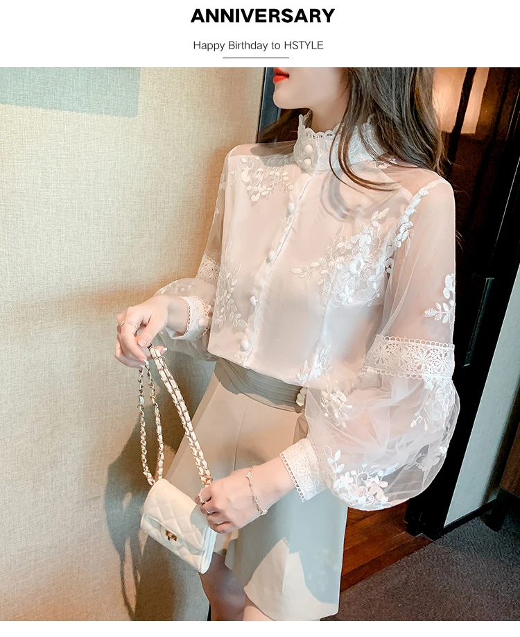 Sweet Lace Mesh Shirts White Blouse Autumn Stand Collar Lantern Sleeve Tops Flowers Embroidery Women's Clothing Elegant 23277