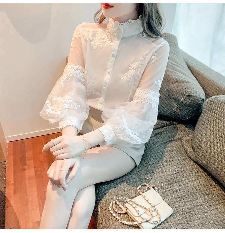 Sweet Lace Mesh Shirts White Blouse Autumn Stand Collar Lantern Sleeve Tops Flowers Embroidery Women's Clothing Elegant 23277