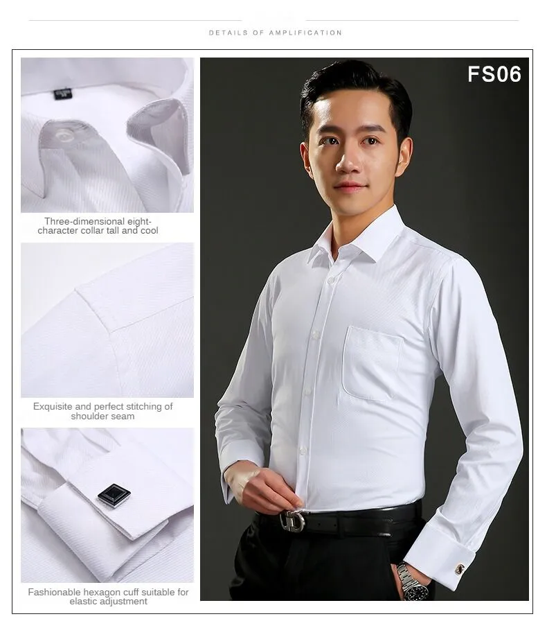 M~6XL Men's French Cuff Dress Shirt 2023 New White Long Sleeve Formal Business Buttons Male Shirts Regular Fit Cufflinks Shirt