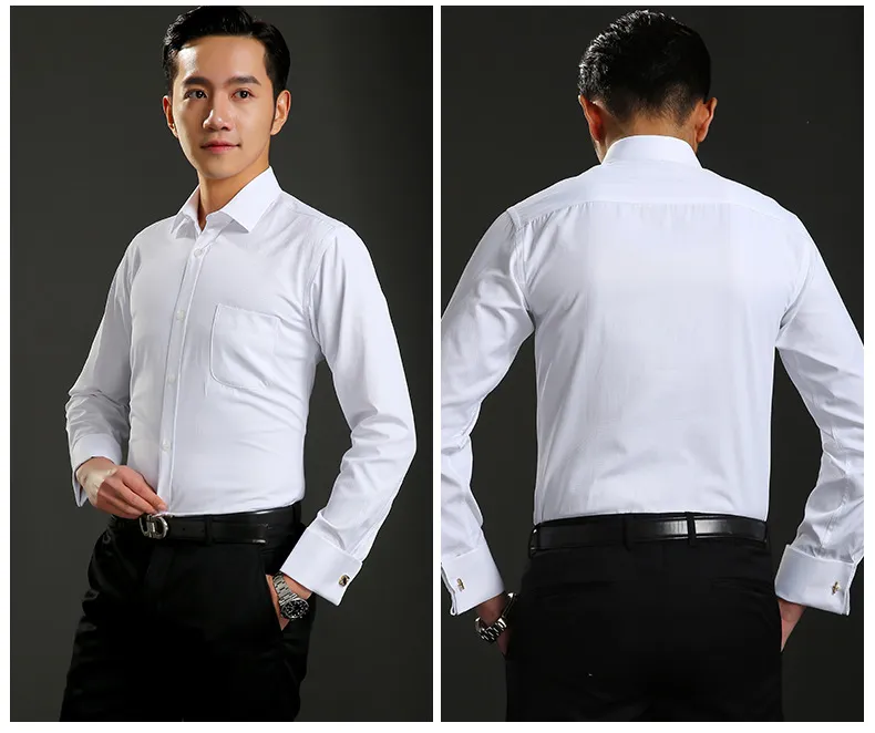 M~6XL Men's French Cuff Dress Shirt 2023 New White Long Sleeve Formal Business Buttons Male Shirts Regular Fit Cufflinks Shirt