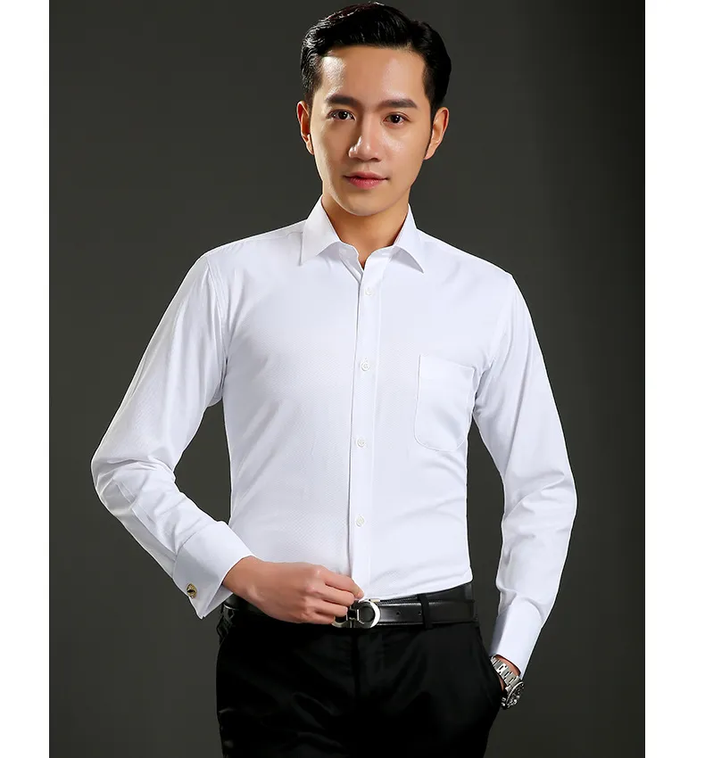 M~6XL Men's French Cuff Dress Shirt 2023 New White Long Sleeve Formal Business Buttons Male Shirts Regular Fit Cufflinks Shirt