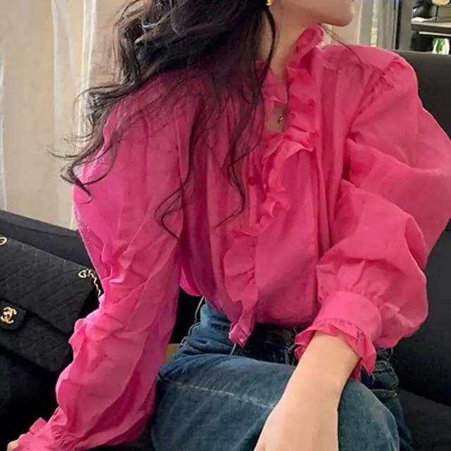 Gagarich 2024 Design Ruffle Edge Rose Red Shirt Spring Autumn Layering Wearing Long Sleeved Loose Top Women Blouse Fashion