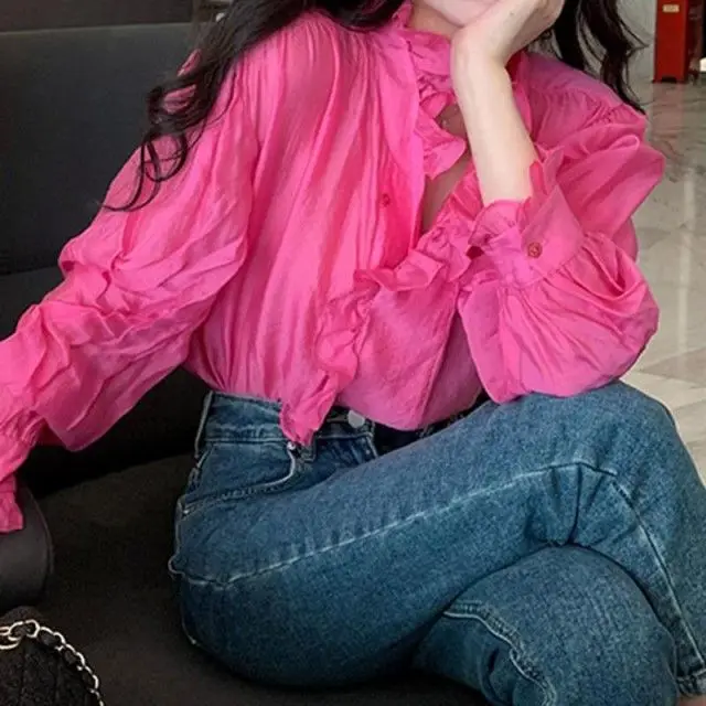 Gagarich 2024 Design Ruffle Edge Rose Red Shirt Spring Autumn Layering Wearing Long Sleeved Loose Top Women Blouse Fashion