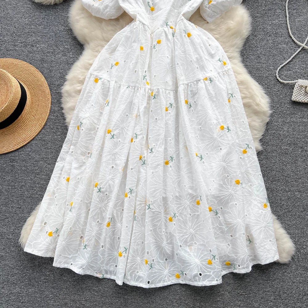 New Spring Summer Fashion High Waist Square Neck Puff Sleeve Waist Wrapped Flower Dress Women's SM7812