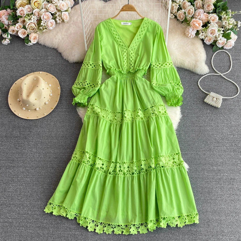 French Chic V-neck Dress Lace Hollow Out Dresses Puff Sleeve A-line High-waisted Vestidos Casual Women Clothes
