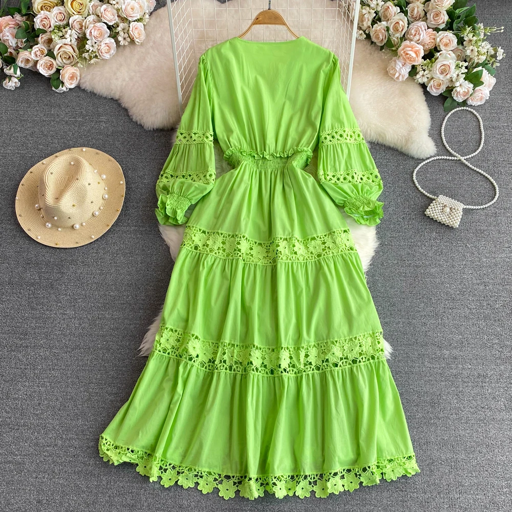 French Chic V-neck Dress Lace Hollow Out Dresses Puff Sleeve A-line High-waisted Vestidos Casual Women Clothes