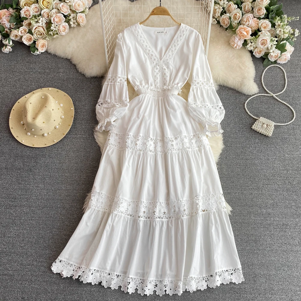 French Chic V-neck Dress Lace Hollow Out Dresses Puff Sleeve A-line High-waisted Vestidos Casual Women Clothes