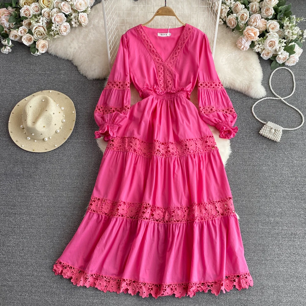 French Chic V-neck Dress Lace Hollow Out Dresses Puff Sleeve A-line High-waisted Vestidos Casual Women Clothes