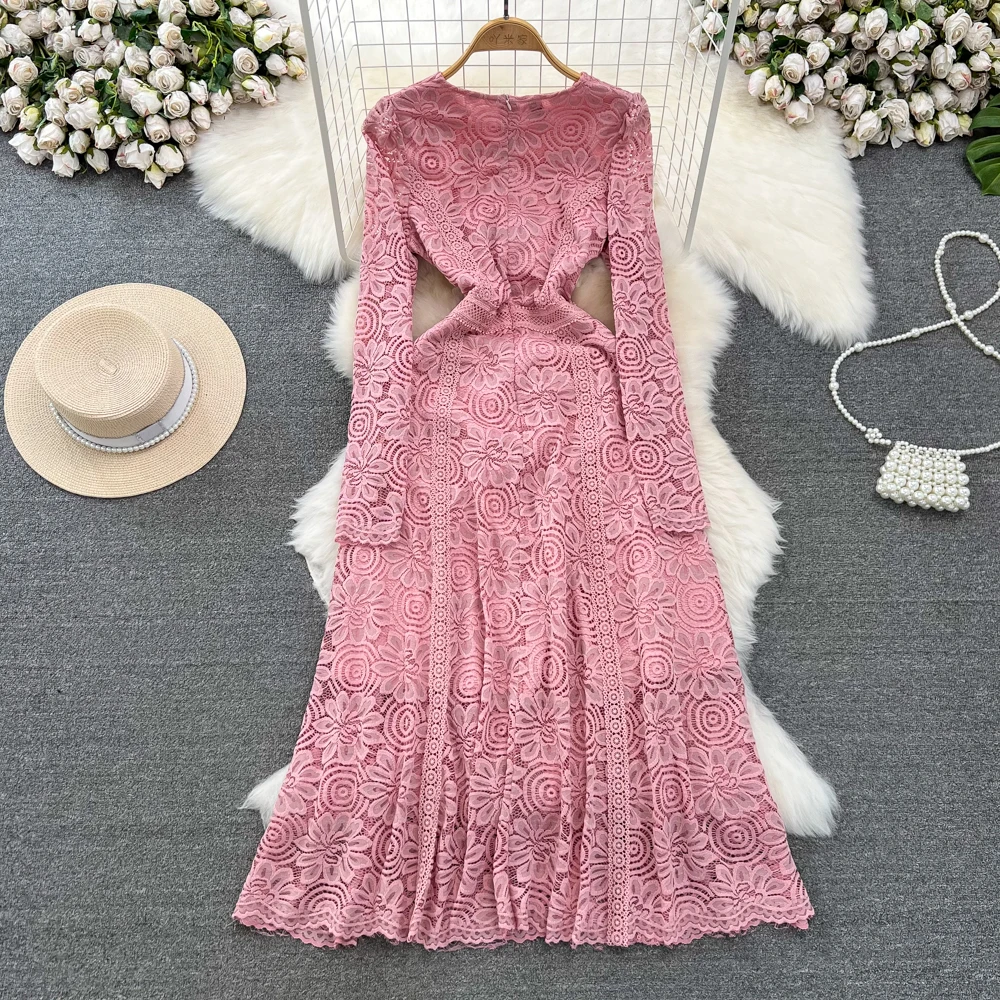 Elegant Fashion Women's Dress Long-sleeve O-neck Lace Patchwork Solid Color High Waist Dresses Autumn Winter 2024 New SN4571