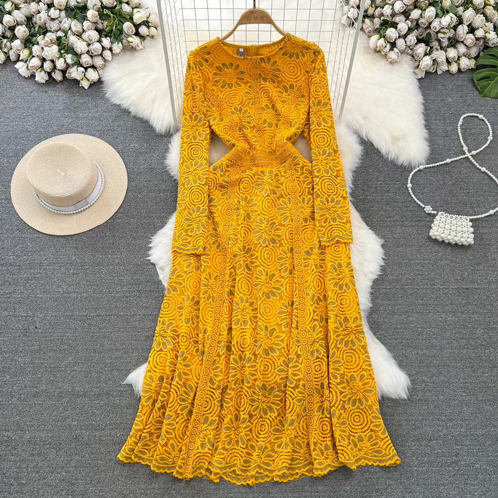 Elegant Fashion Women's Dress Long-sleeve O-neck Lace Patchwork Solid Color High Waist Dresses Autumn Winter 2024 New SN4571