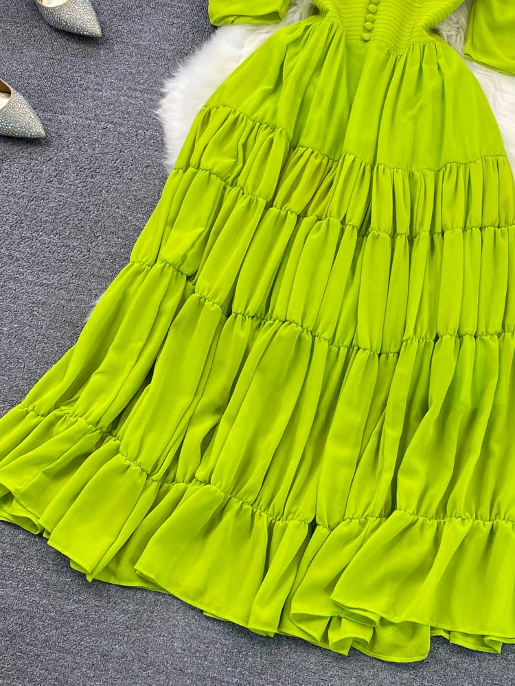 Summer Women Pleated Long Dress Vintage V-Neck Short Sleeve High Waist A-Line Green/Blue/Brown Big Swing Maxi Vestidos New