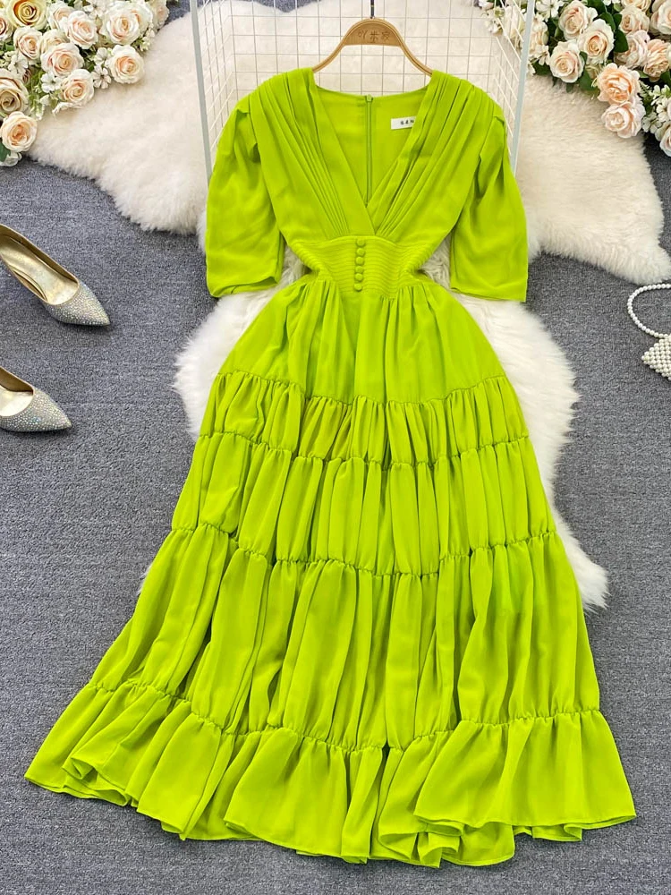 Summer Women Pleated Long Dress Vintage V-Neck Short Sleeve High Waist A-Line Green/Blue/Brown Big Swing Maxi Vestidos New