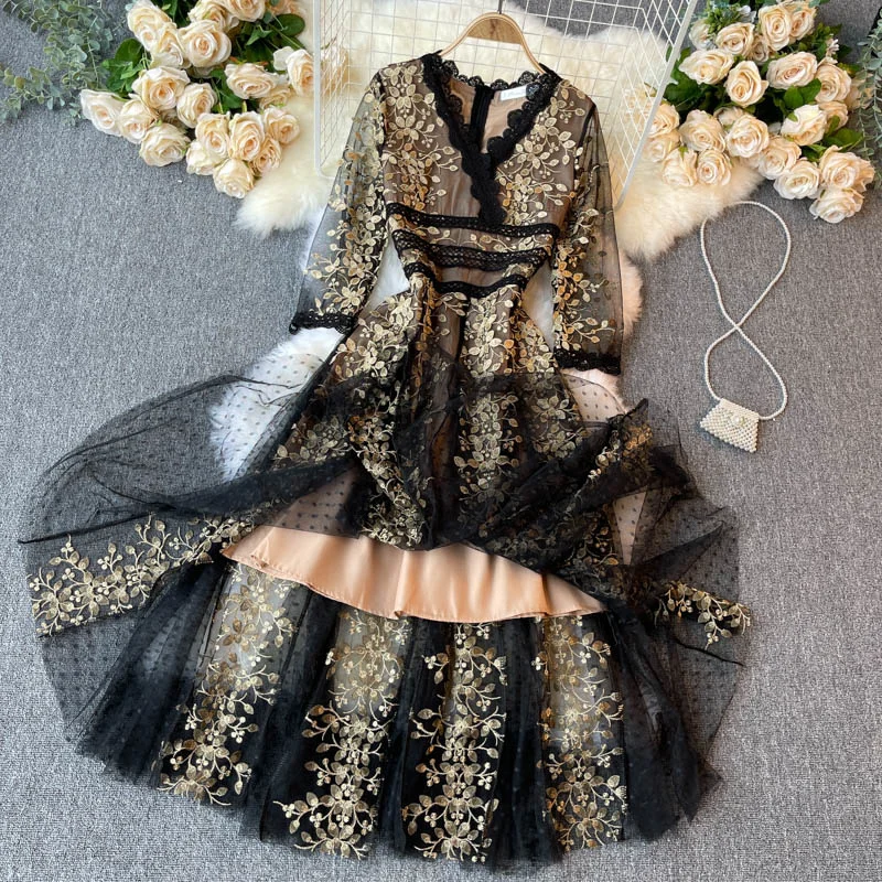 XFPV Women Party Banquet Robe Temperament Embroidery Flowers Mesh Lace Dress Vestido Sweet Korea Chic Girl's Summer 2023 SM3134