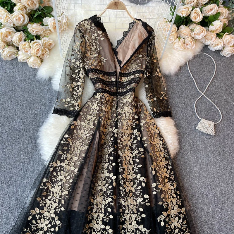 XFPV Women Party Banquet Robe Temperament Embroidery Flowers Mesh Lace Dress Vestido Sweet Korea Chic Girl's Summer 2023 SM3134