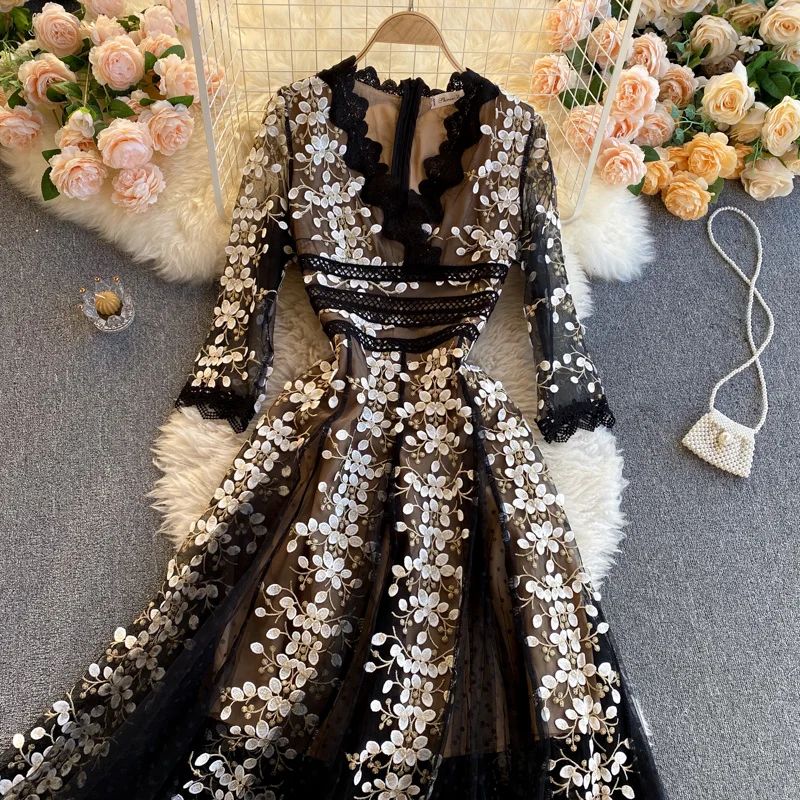 XFPV Women Party Banquet Robe Temperament Embroidery Flowers Mesh Lace Dress Vestido Sweet Korea Chic Girl's Summer 2023 SM3134