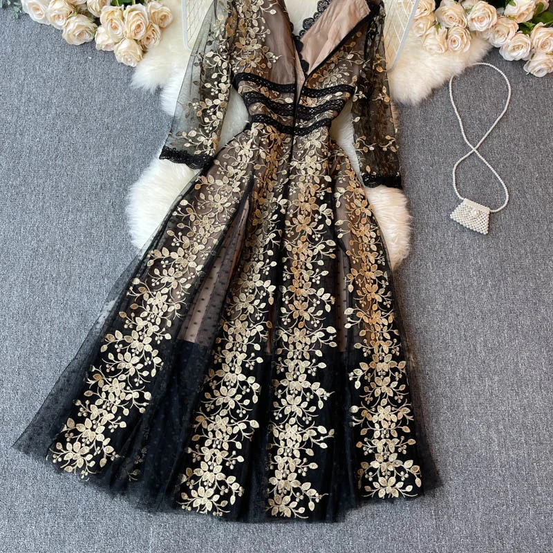 XFPV Women Party Banquet Robe Temperament Embroidery Flowers Mesh Lace Dress Vestido Sweet Korea Chic Girl's Summer 2023 SM3134