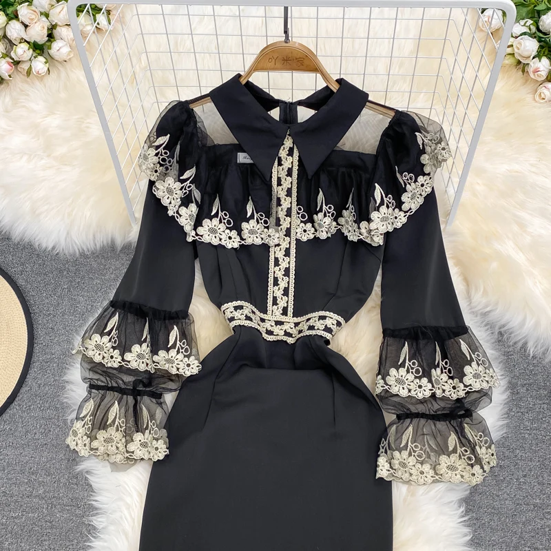2024 Elegant Design Fashion Women's Contrast Color Embroidery Patchwork High Waist Fishtail Dress Autumn New Dresses SN3863