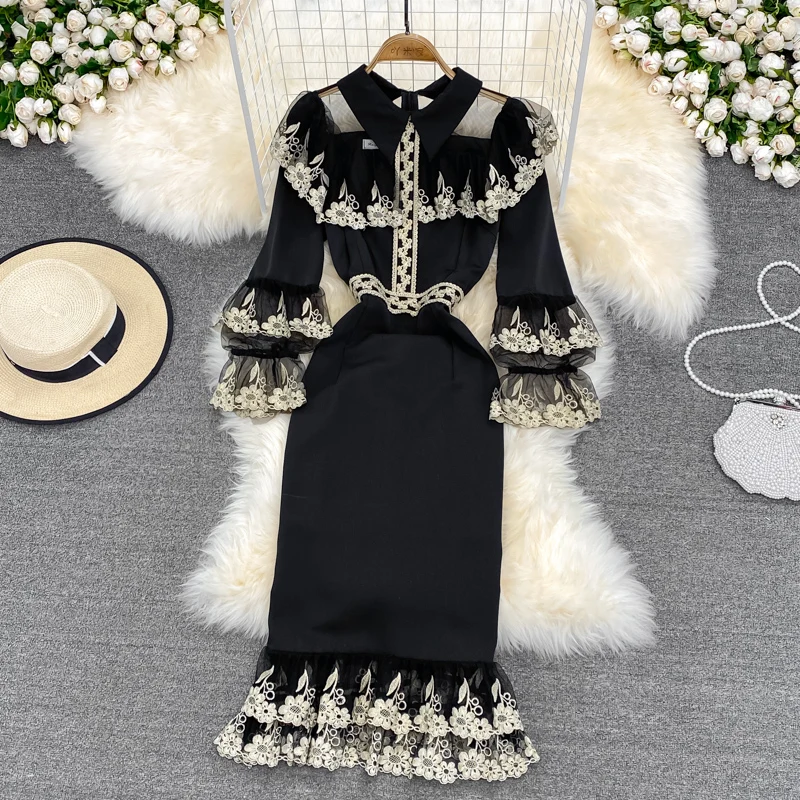 2024 Elegant Design Fashion Women's Contrast Color Embroidery Patchwork High Waist Fishtail Dress Autumn New Dresses SN3863