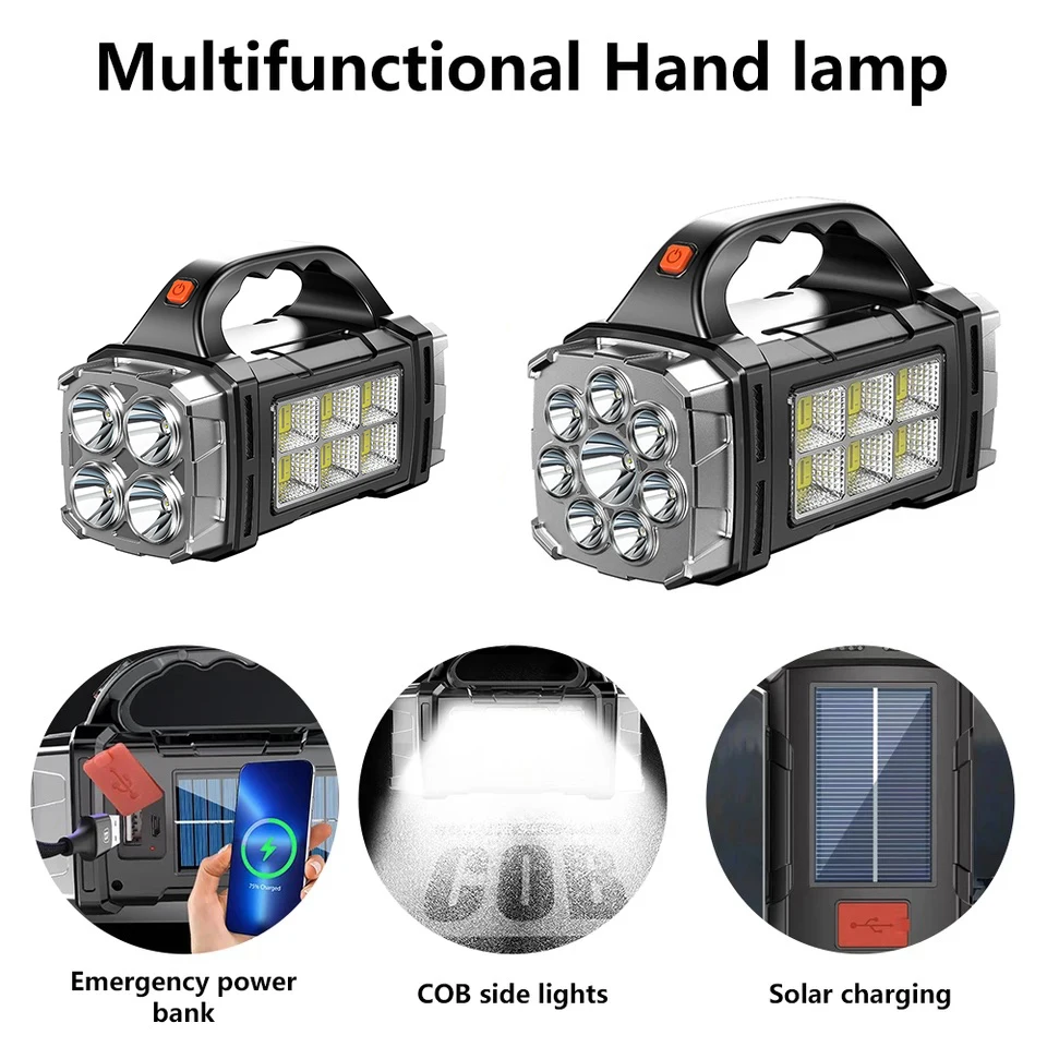 Rechargeable Portable Hand Lamp 8/4 LED Powerful Flashlight Outdoor Camping Solar Charging Light USB Torch With COB Work Lantern