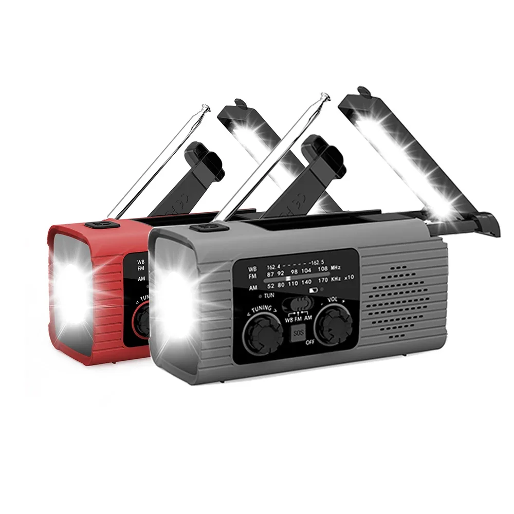 Emergency light with radio function solar powered charging LED portable light waterproof flash hand operated power supply